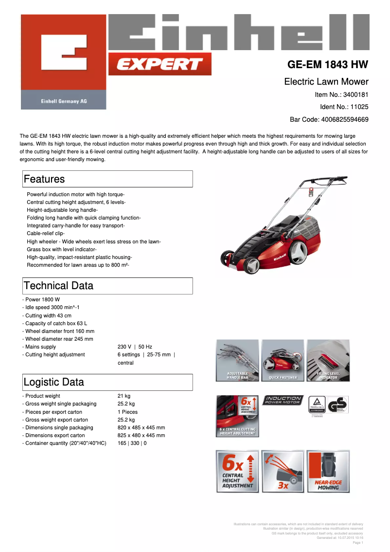 Page 1 de la notice Fiche technique Einhell GE-EM 1843 HW