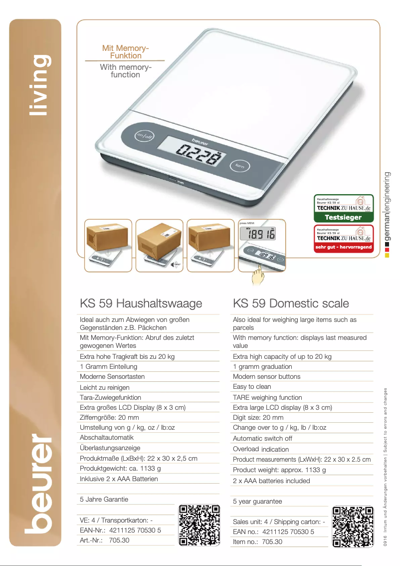Page 1 de la notice Fiche technique Beurer KS 59