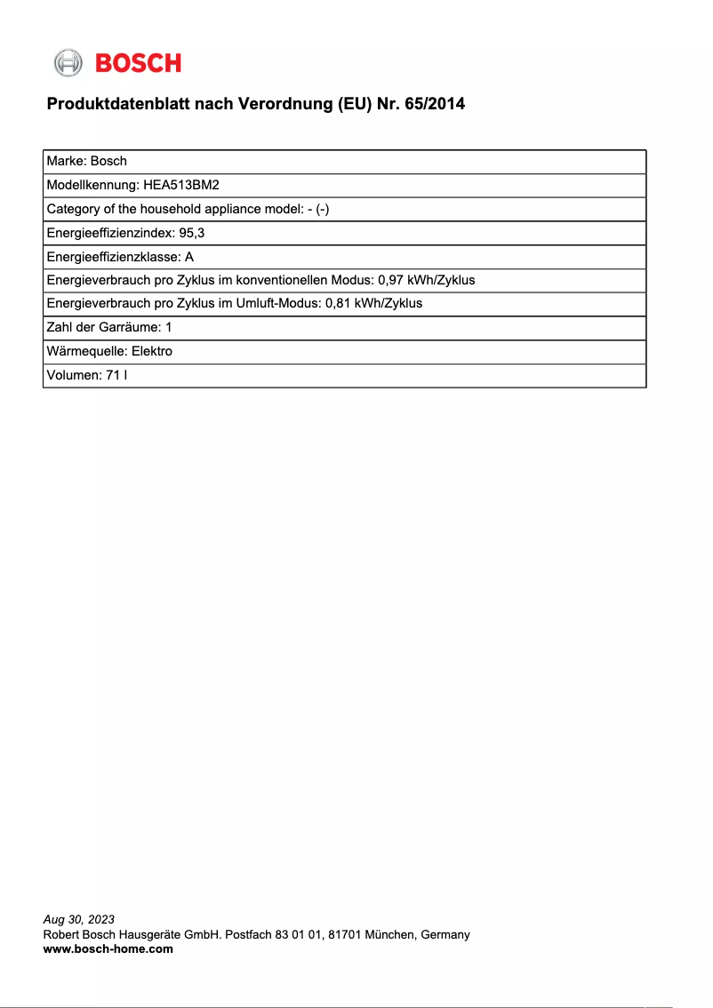 Page 1 de la notice Fiche technique Bosch HEA513BM2