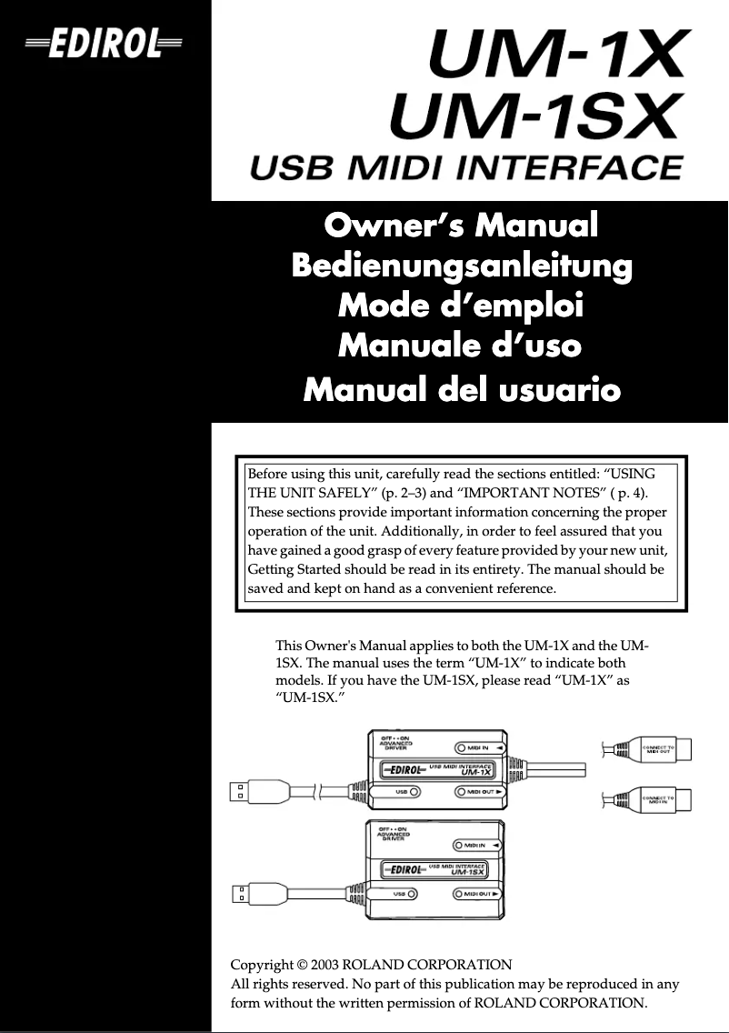 Page 1 de la notice Manuel utilisateur Roland UM-1SX
