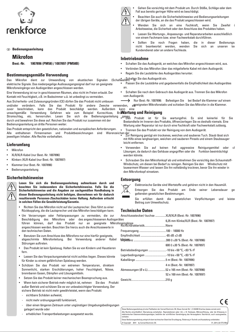 Page 1 de la notice Manuel utilisateur Renkforce PM58B