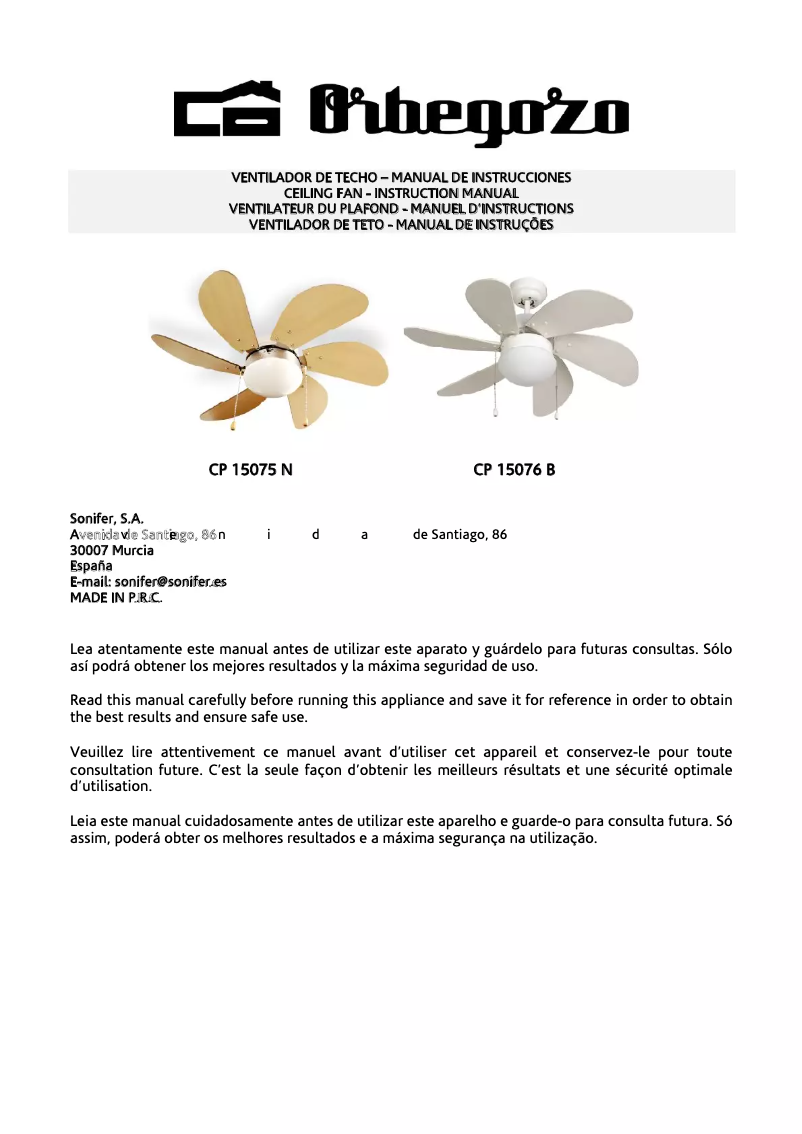 Page 1 de la notice Manuel utilisateur Orbegozo CP 15076 B