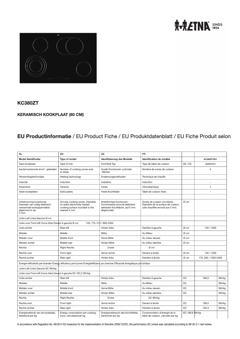 Page 1 de la notice Fiche technique Etna KC380ZT