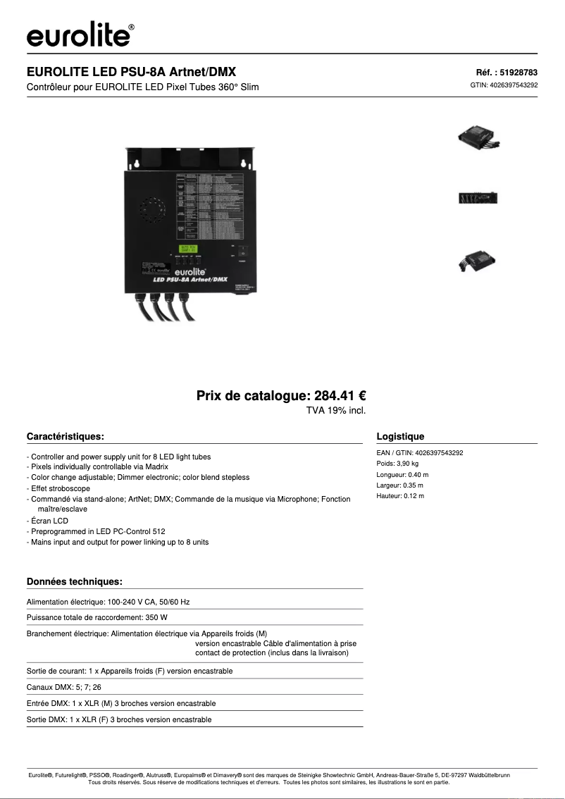 Page 1 de la notice Fiche technique Eurolite LED PSU-8A Artnet/DMX Controller