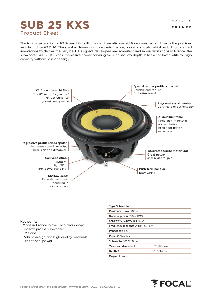 Page 1 de la notice Fiche technique Focal SUB 25 KXS