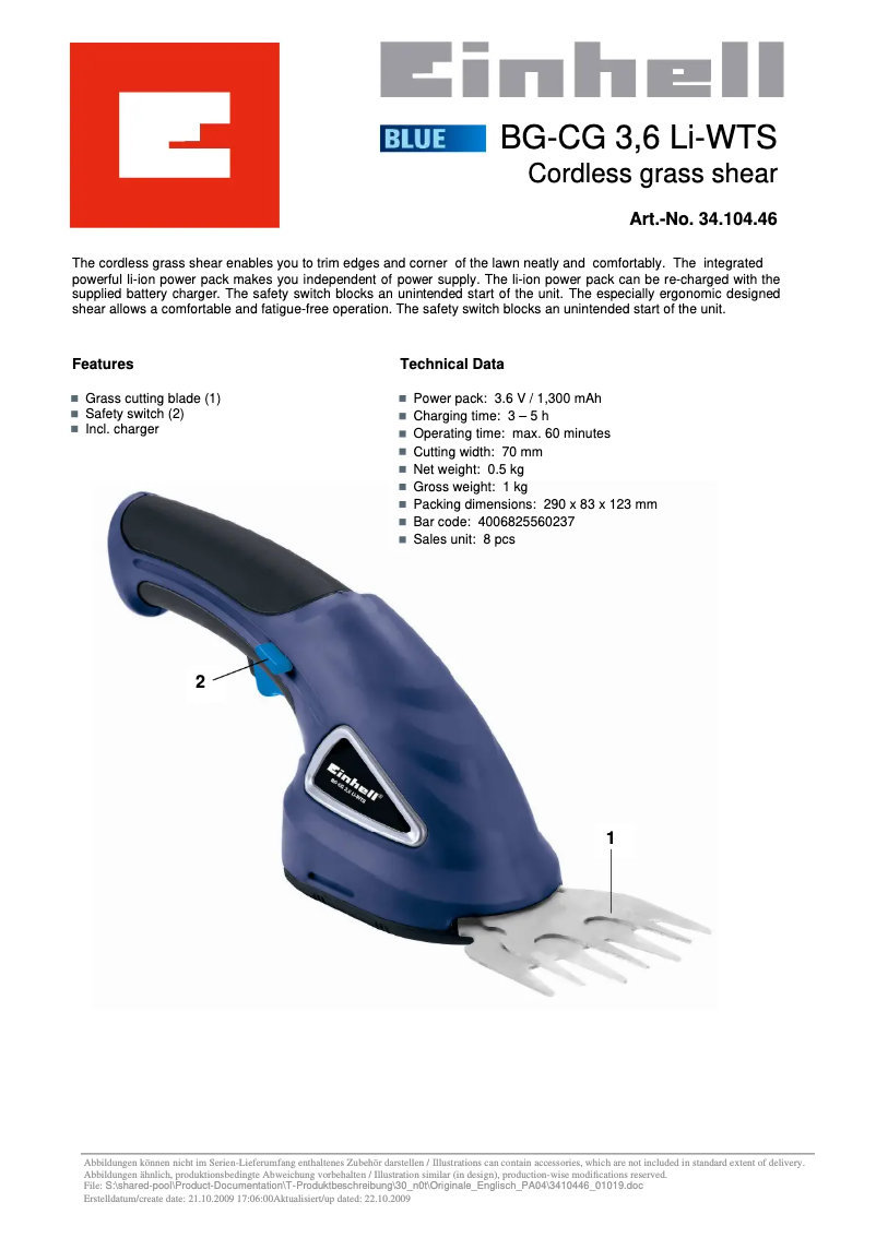 Image de la première page du manuel de l'appareil BG-CG 3,6 Li-WTS