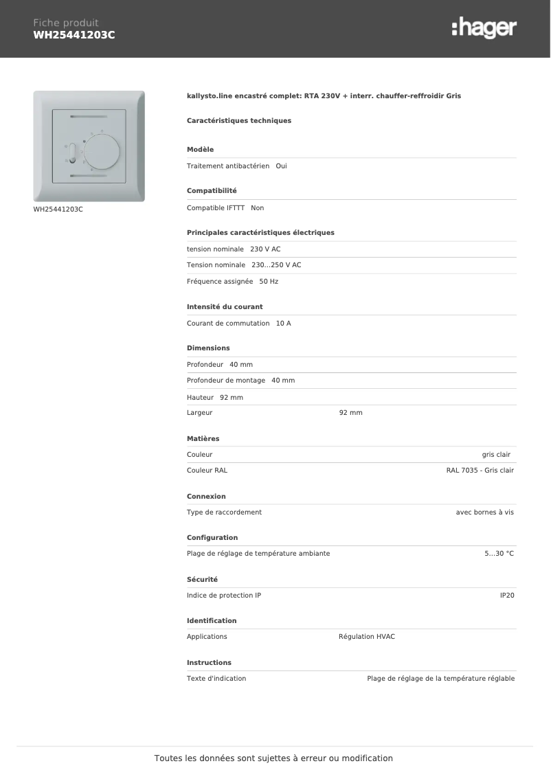 Page n°1 - Fiche technique Hager WH25441203C