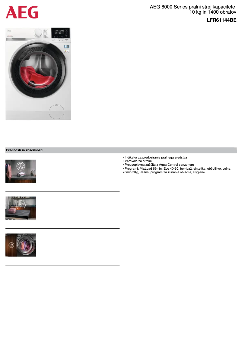 Page 1 de la notice Fiche technique AEG LFR61144BE