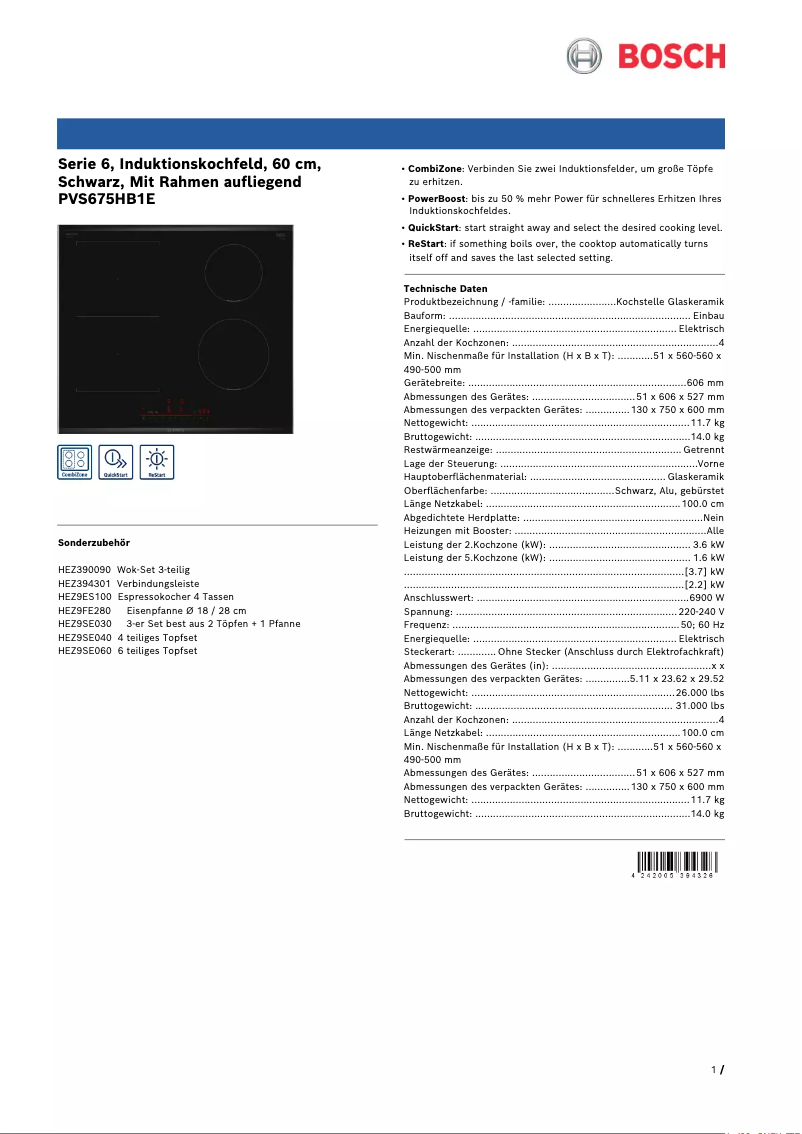 Page 1 of the manual Technical Sheet Bosch PVS675HB1E