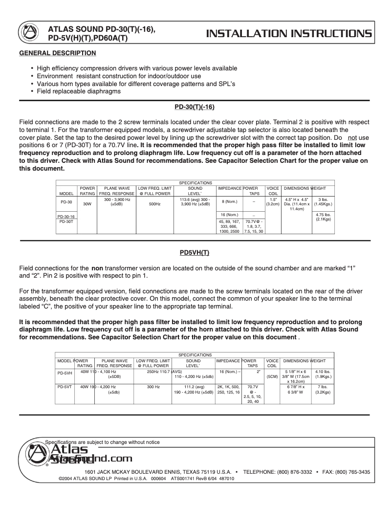 Page n°1 - Guide d'installation Atlas Sound PD-30T