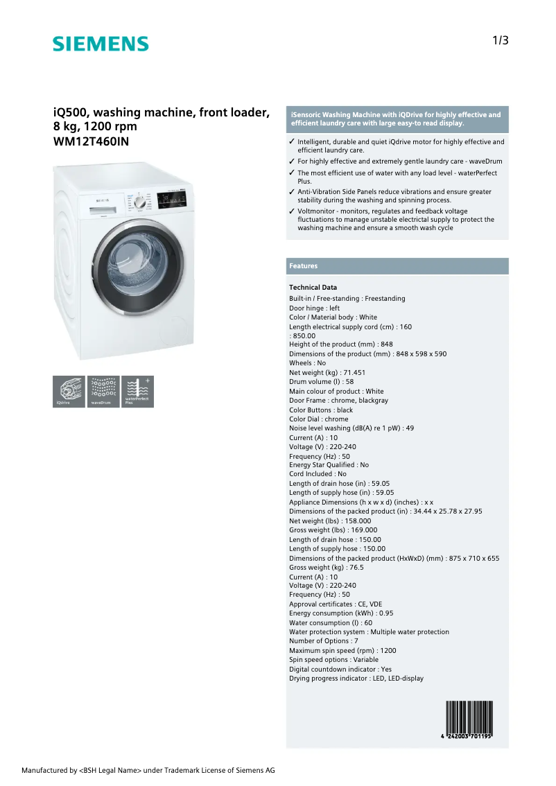 Page n°1 - Fiche technique Siemens WM12T460IN