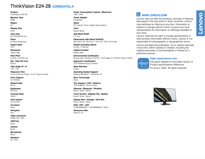 Page 1 de la notice Manuel utilisateur Lenovo ThinkVision E24-28