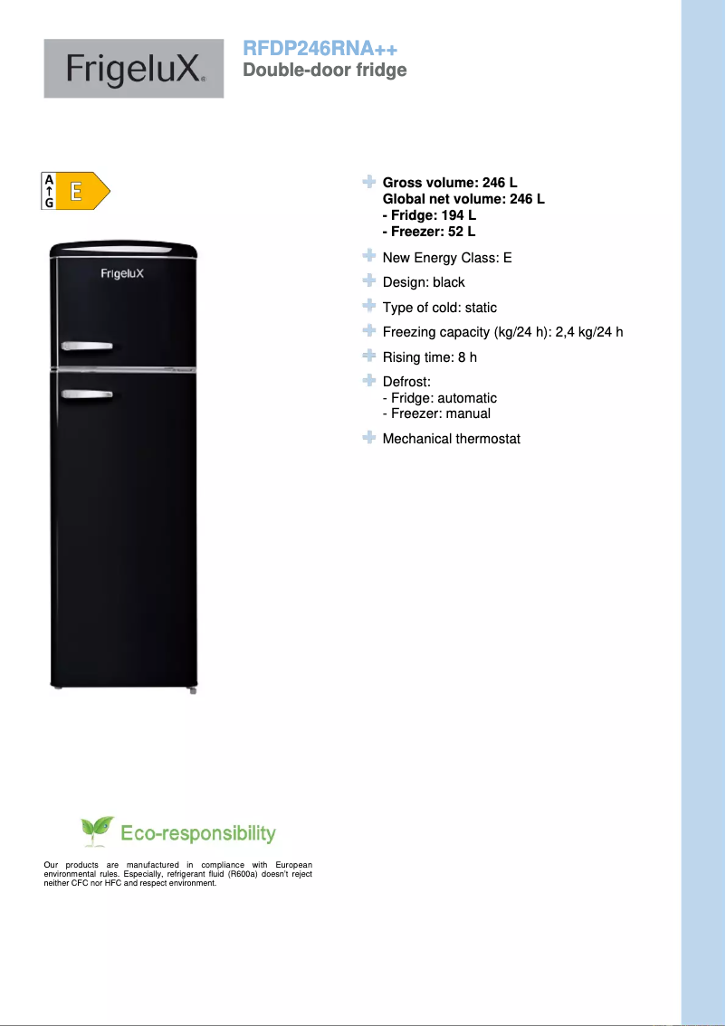 Page 1 de la notice Fiche technique FrigeluX RFDP246RNA++