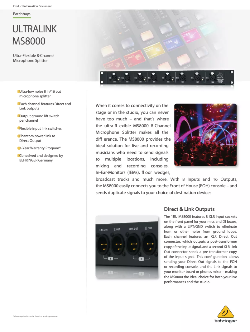 Page 1 de la notice Fiche technique Behringer ULTRALINK MS8000