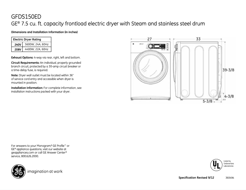 Page 1 de la notice Fiche technique GE GFDS150EDWW