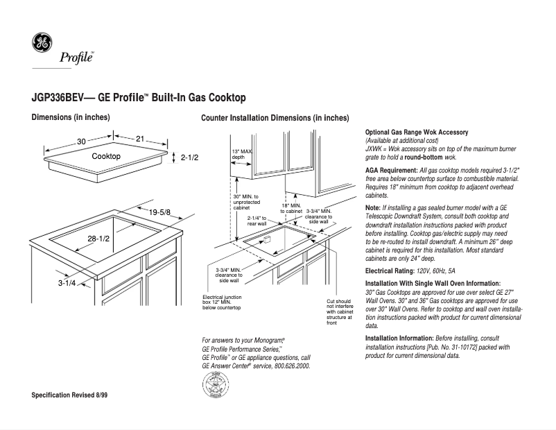 Página 1 del manual Ficha técnica GE JGP336BEVBB