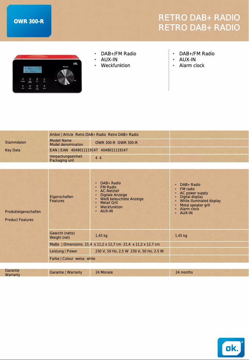 Page 1 de la notice Manuel utilisateur OK OWR 300