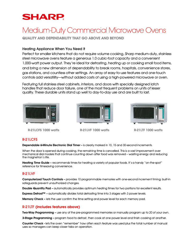 Page 1 de la notice Fiche technique Sharp R-21LCFS