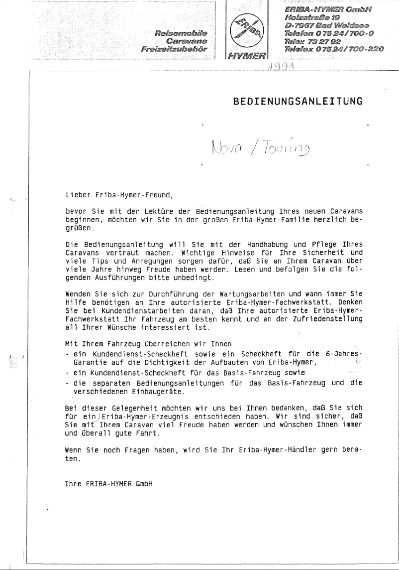 Page 1 de la notice Manuel utilisateur Hymer Touring (1991)