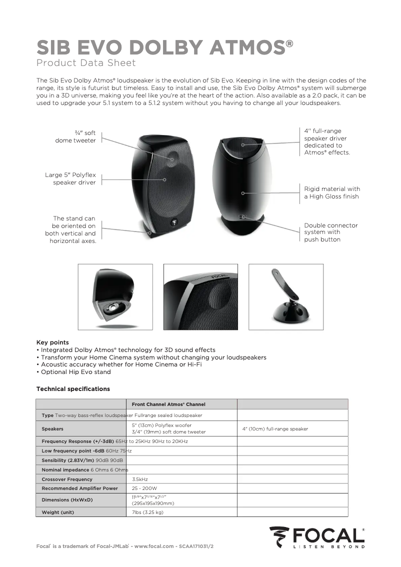 Page 1 de la notice Fiche technique Focal Cub Evo