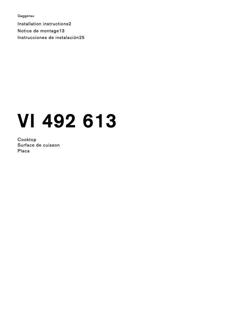 Page 1 of the manual Installation Guide Gaggenau VI492613