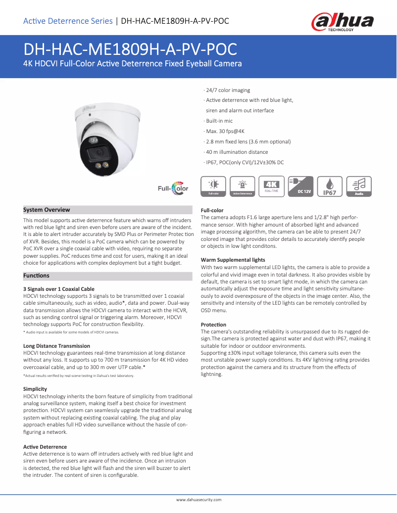 Page 1 de la notice Fiche technique Dahua Technology HAC-ME1809H-A-PV-POC