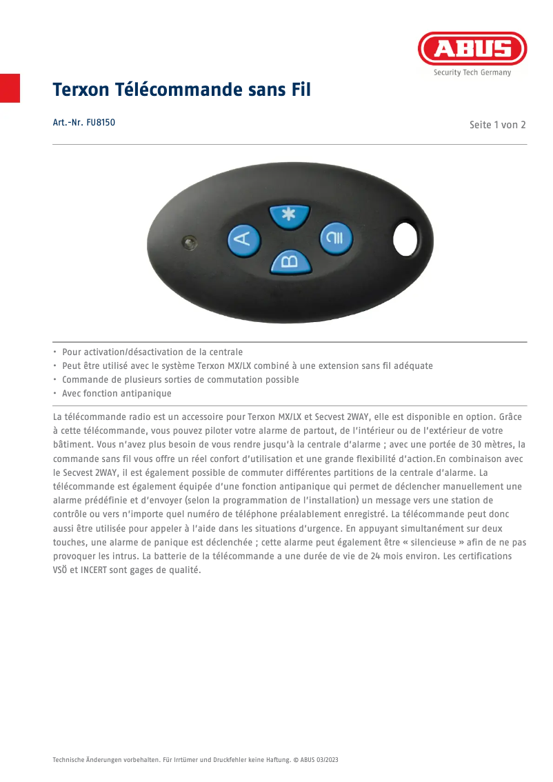 Page 1 de la notice Fiche technique Abus FU8150