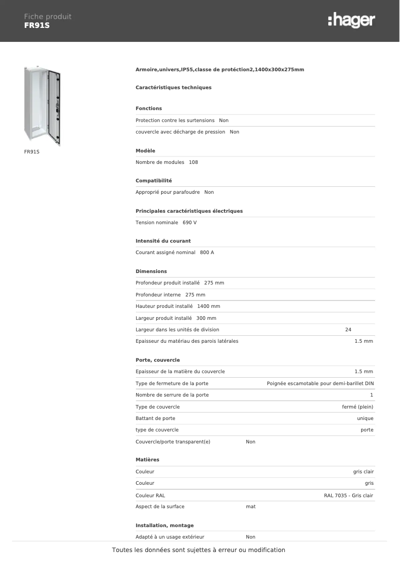 Page n°1 - Fiche technique Hager FR91S