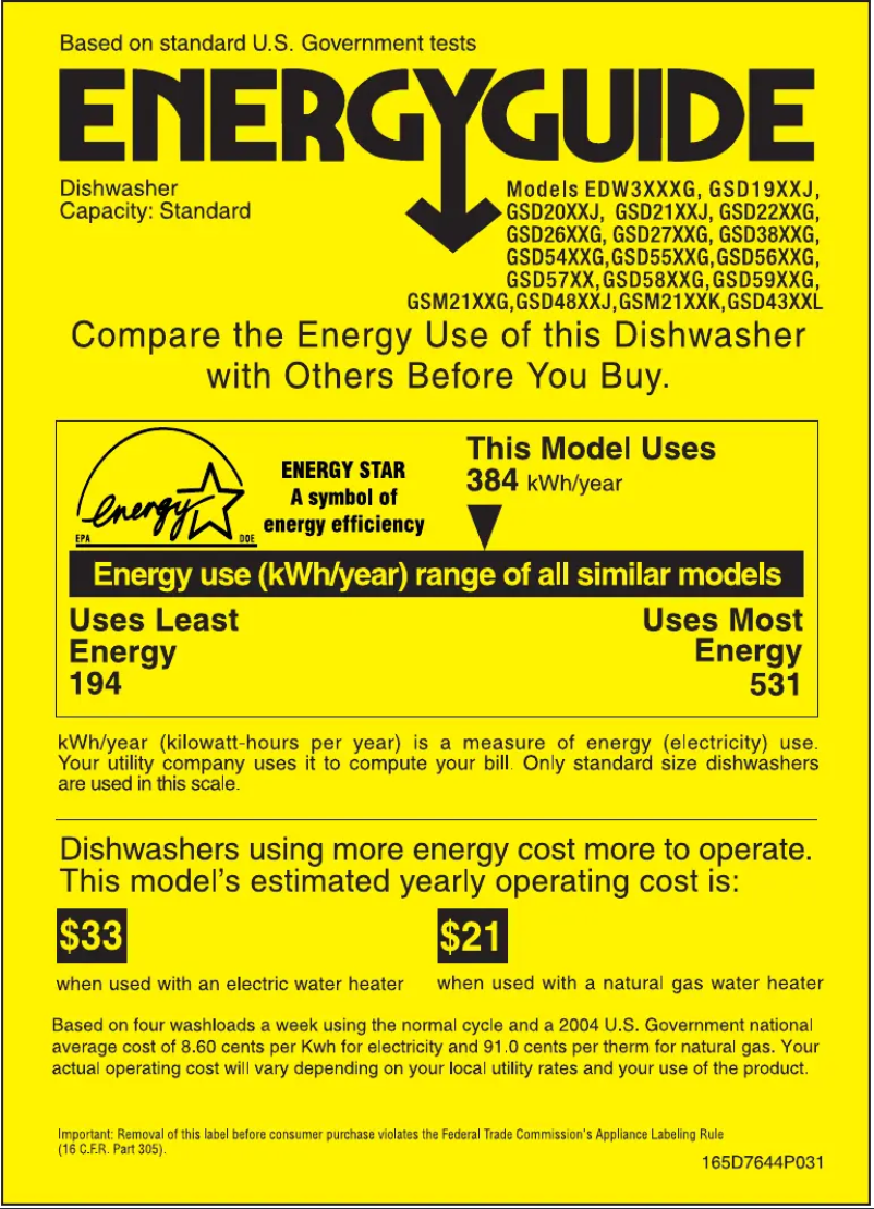 Page 1 de la notice Label énergétique GE GSD5700GCC