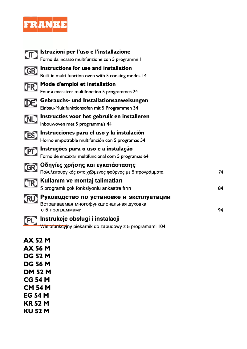 Page n°1 - Manuel utilisateur Franke CG 54 M