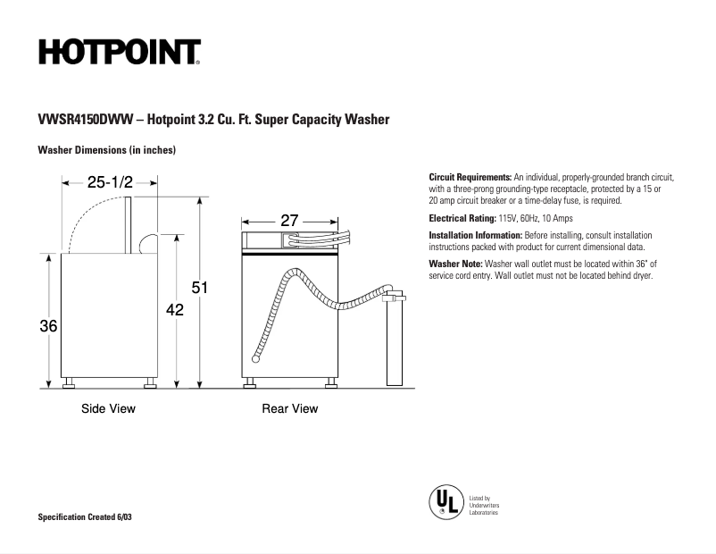 Page n°1 - Fiche technique Hotpoint VWSR4150DWW