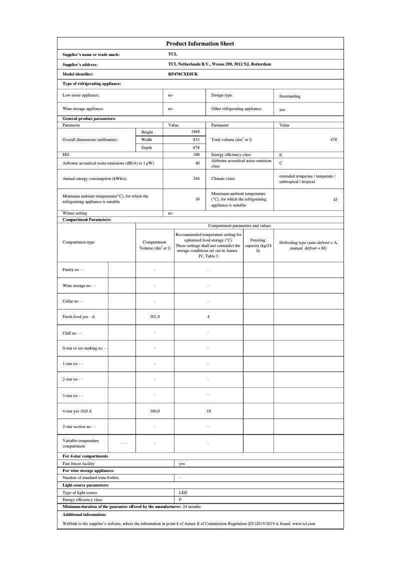 Page n°1 - Fiche technique TCL RP470CXE0UK