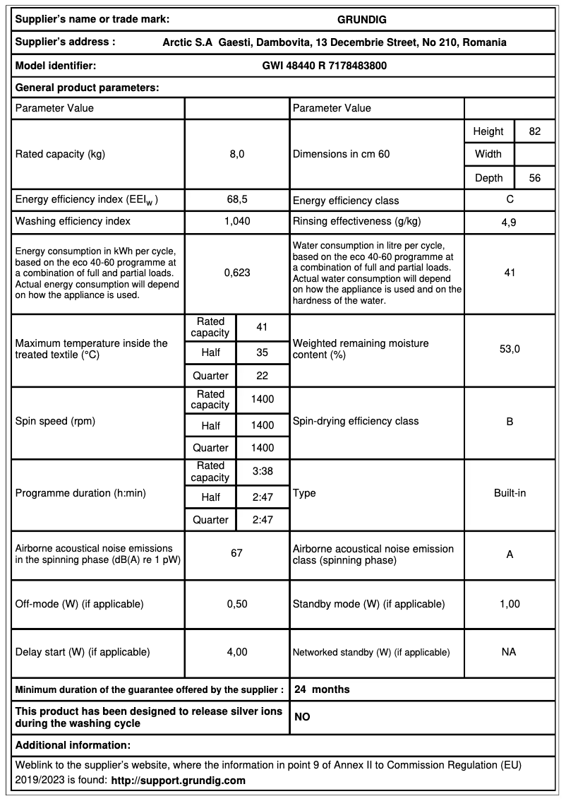 Page 1 de la notice Fiche technique Grundig GWI 48440 R