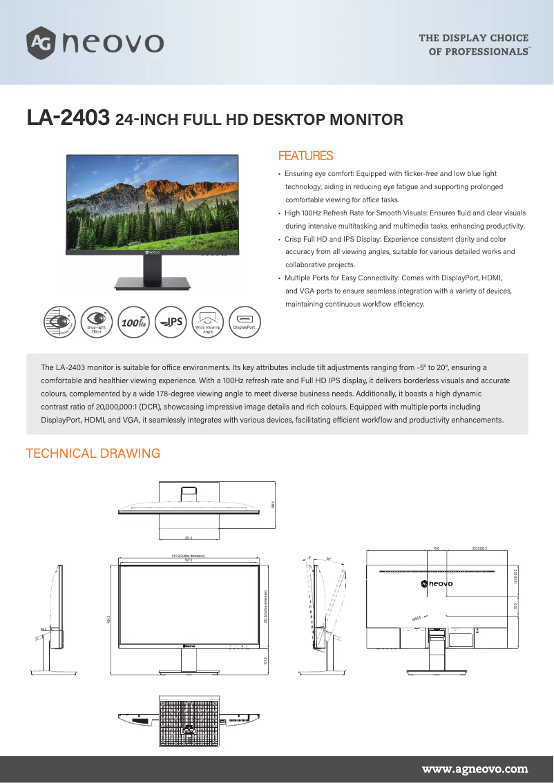 Page 1 de la notice Fiche technique AG Neovo LA-2403