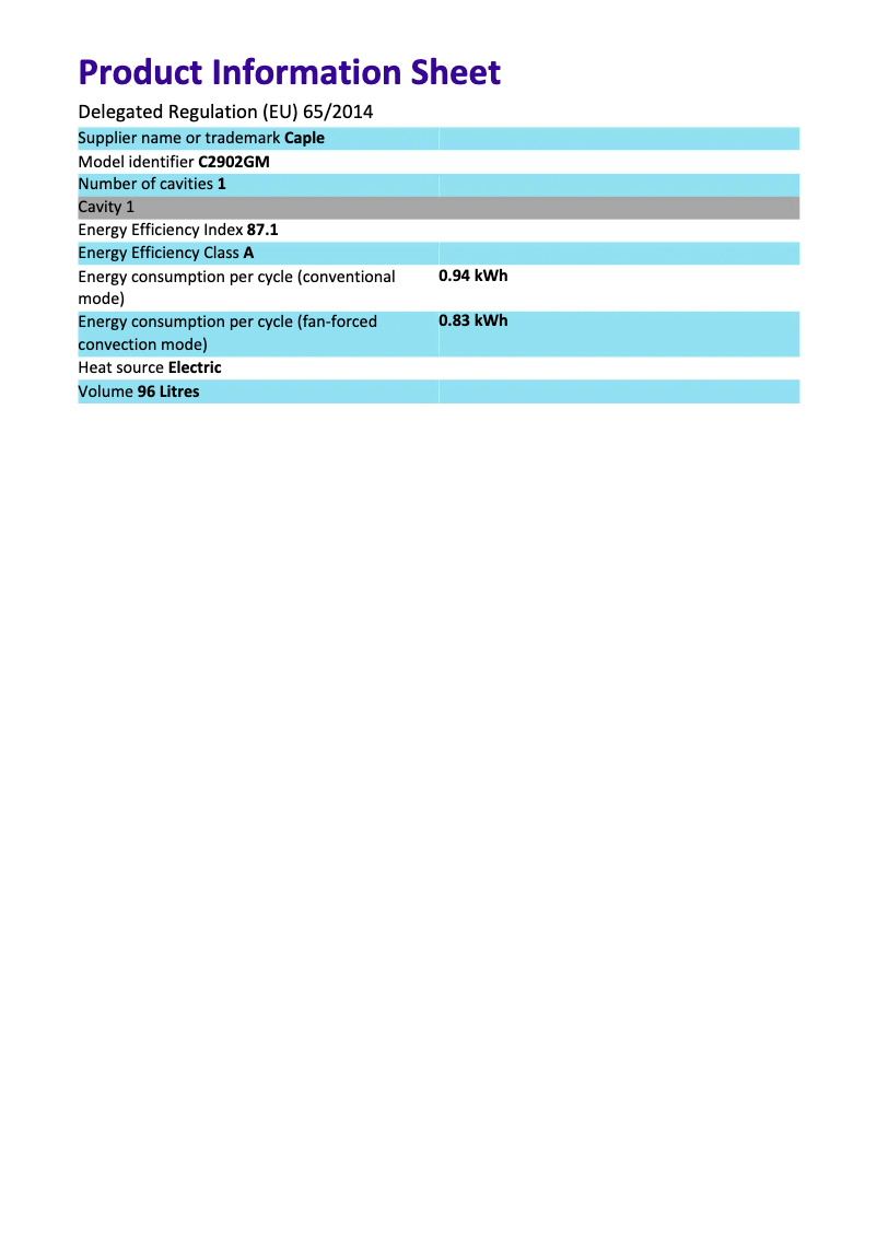 Page 1 de la notice Fiche technique Caple C2902GM