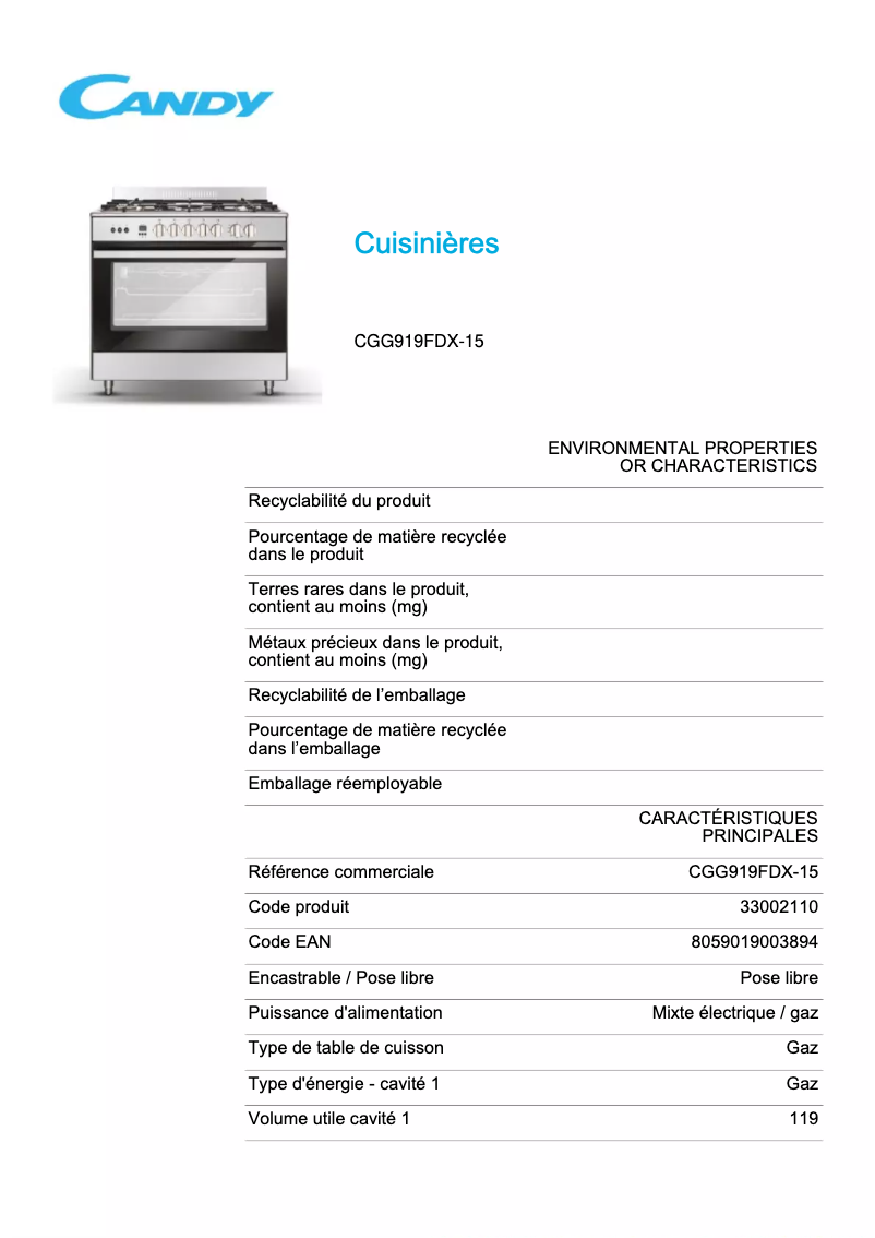 Page 1 de la notice Fiche technique Candy CGG919FDX-15