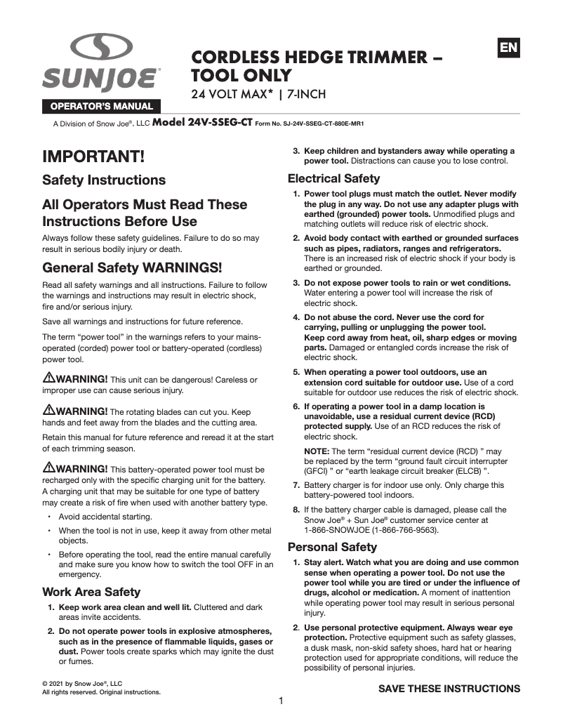 Page 1 de la notice Manuel utilisateur Sun Joe 24V-SSEG-CT-SJG