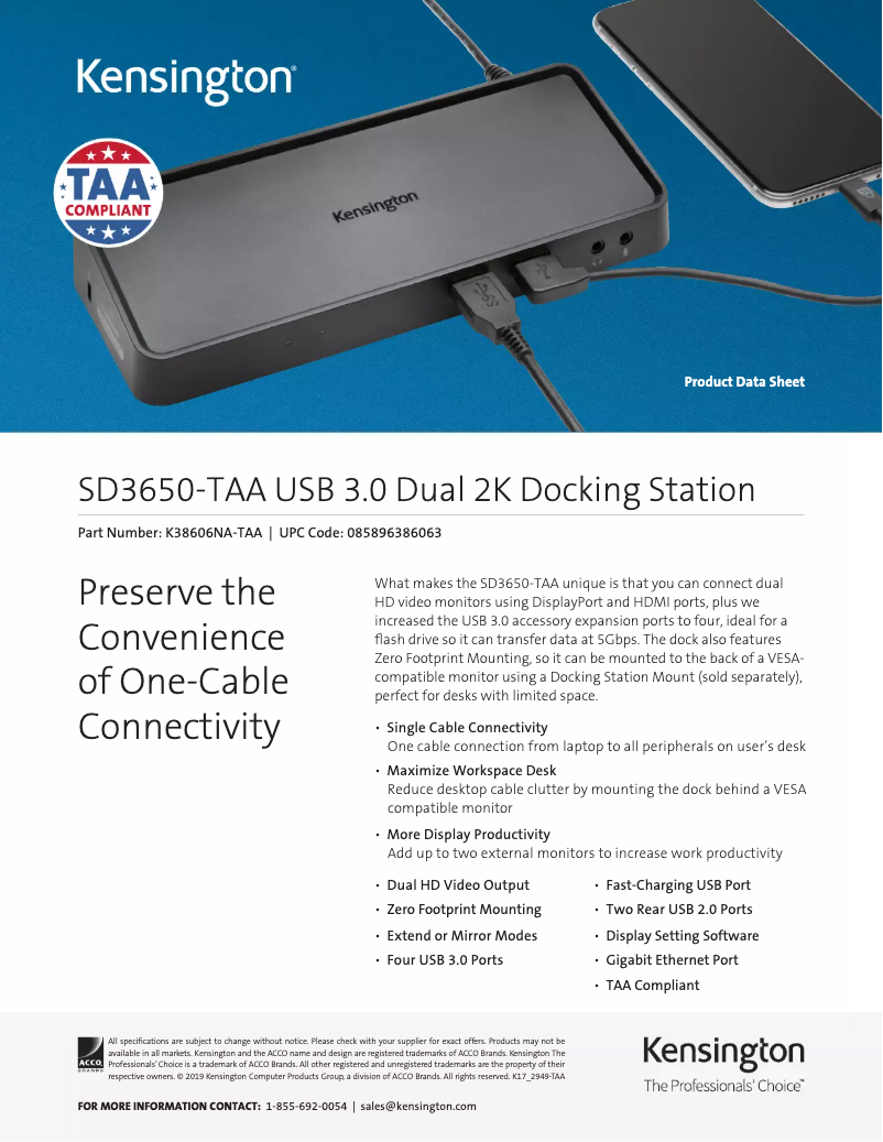 Page 1 de la notice Manuel utilisateur Kensington K38606NA-TAA