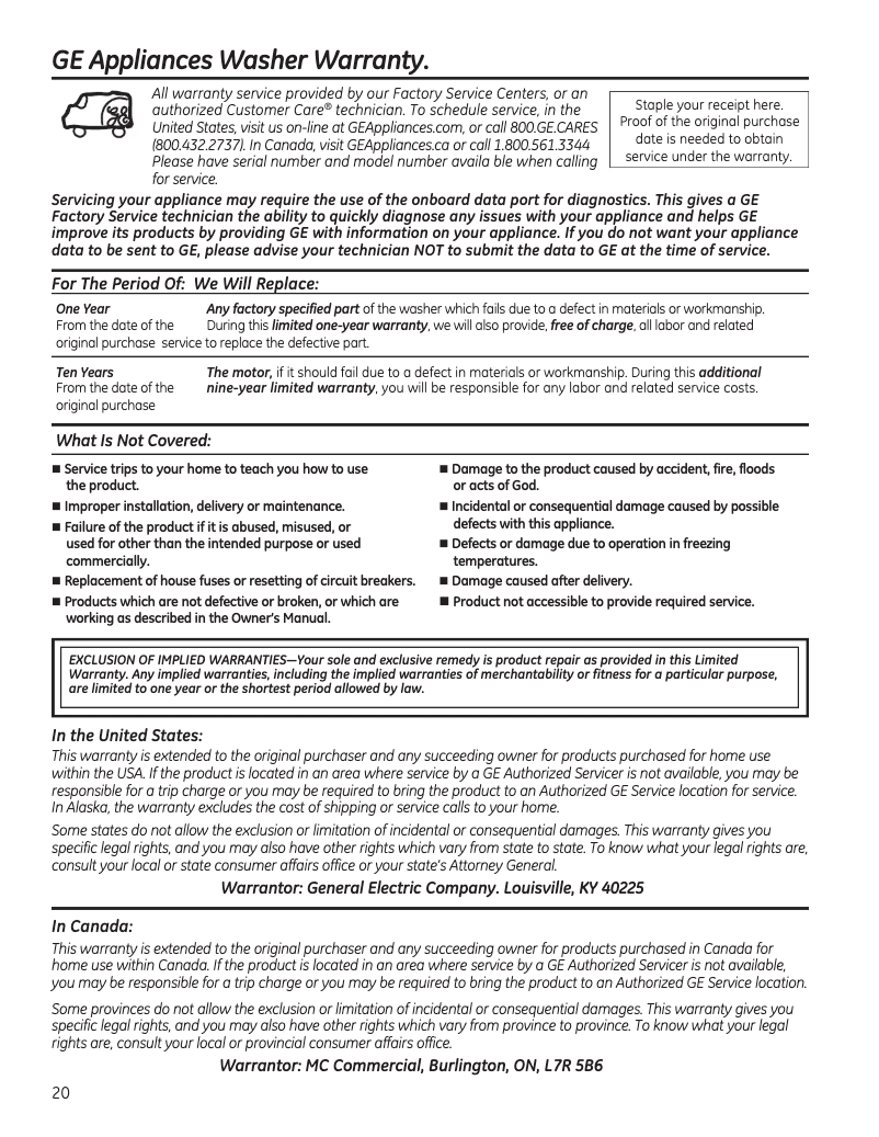 Page 1 de la notice Informations de garantie GE GUD27GSSMWW