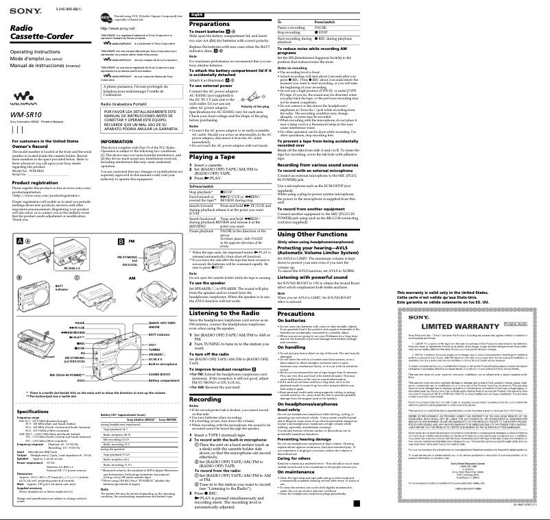 Page 1 de la notice Manuel utilisateur Sony Walkman WM-SR10
