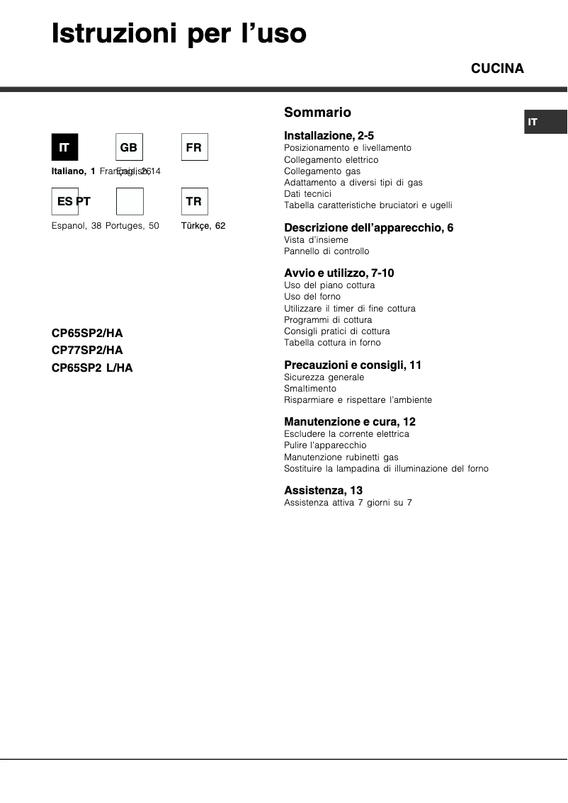 Page 1 de la notice Manuel utilisateur Hotpoint Ariston CP77SP2 /HA S