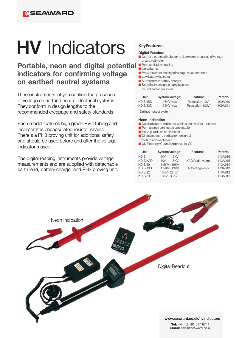 Page 1 de la notice Fiche technique Seaward KD1E/19S