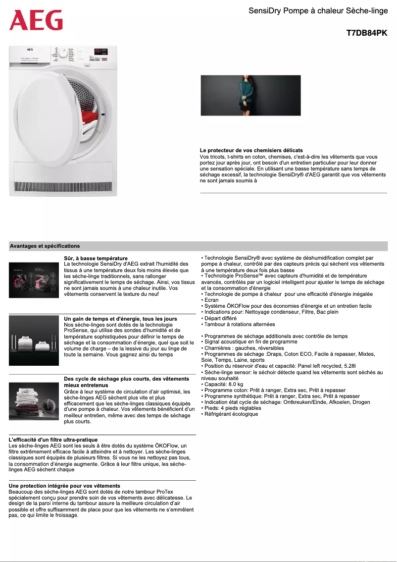 Page 1 de la notice Fiche technique AEG T7DB84PK