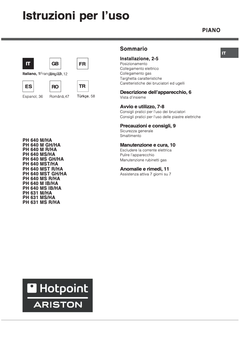 Page 1 de la notice Manuel utilisateur Hotpoint Ariston PH 640 MS (AN) R/HA