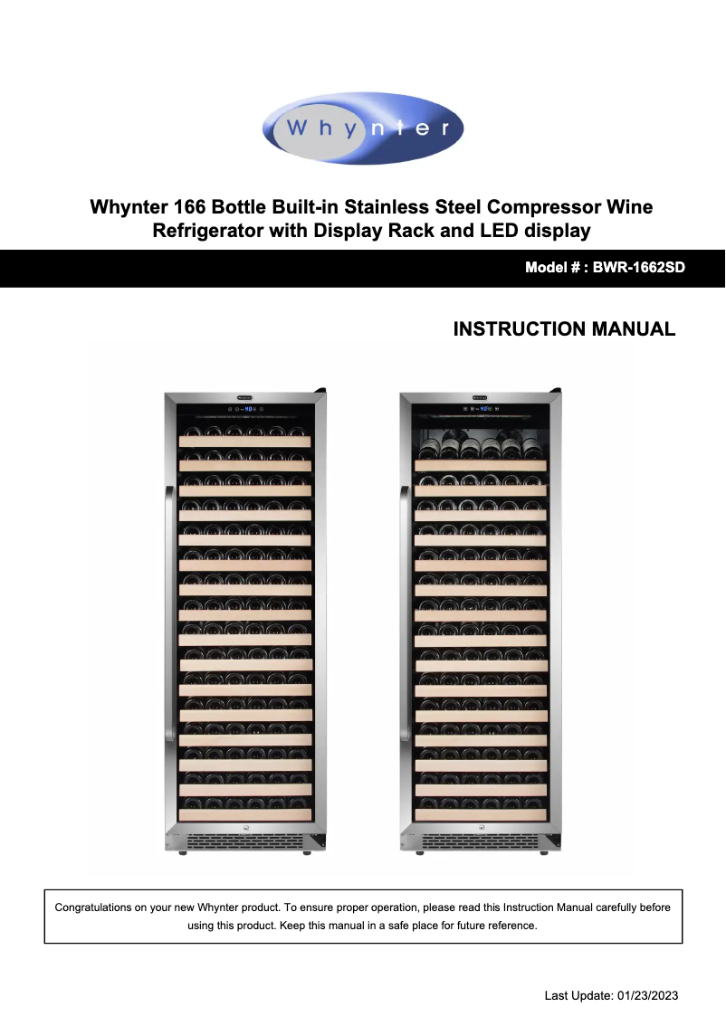 Page 1 de la notice Manuel utilisateur Whynter BWR-1662SD