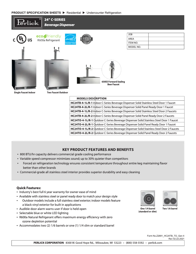 Page 1 de la notice Fiche technique Perlick HC24TB-4-1R-1