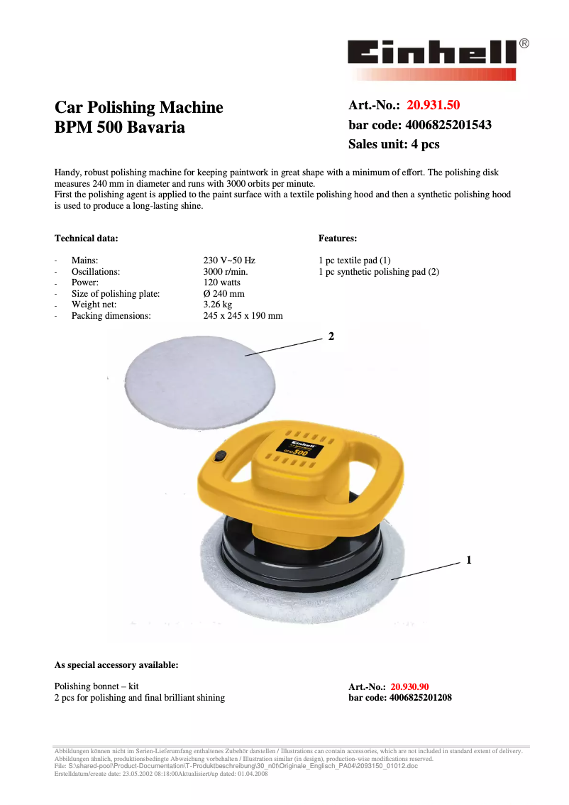 Page n°1 - Manuel utilisateur Bavaria by Einhell Bavaria BPM 500