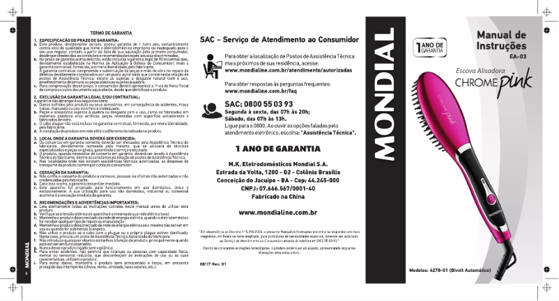 Page 1 de la notice Manuel utilisateur Mondial Chrome Pink EA-03