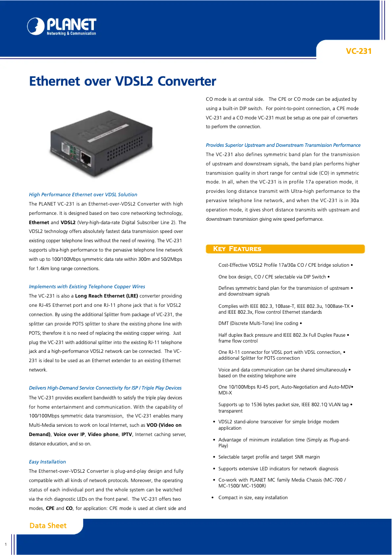 Page 1 de la notice Fiche technique Planet VC-231