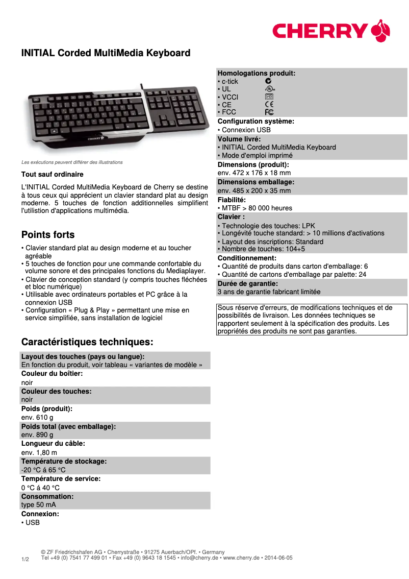 Page 1 de la notice Fiche technique Cherry INITIAL G82-27000